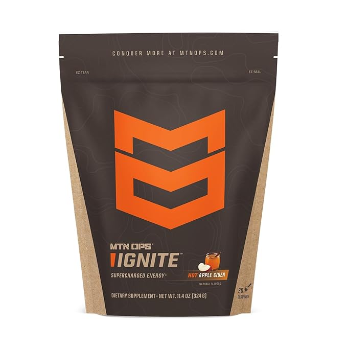 MTN OPS Hot Ignite Supercharged Energy Drink Mix Focus Enhancer, Apple Cider, Bag (30 Servings)