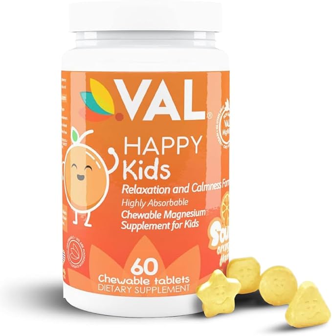 VAL Chewable Magnesium for Kids, Relaxation and Calm Formula, Glycinate, Citrate, Taurate, Vitamin B6, D, C, Natural Orange Flavor, Sugar Free, Gluten Free, Non-GMO, 60 Chewable Tablets