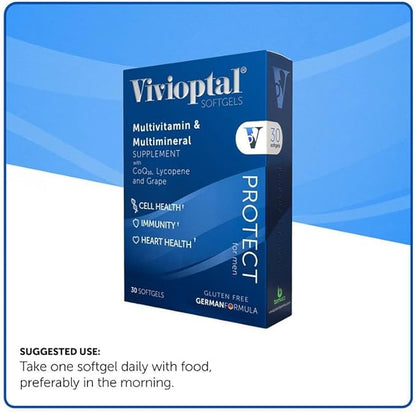Vivioptal for Men, 30 Capsules, CoQ10, Lycopene & Resveratrol, Multivitamin & Multimineral, Gluten Free, German Formula