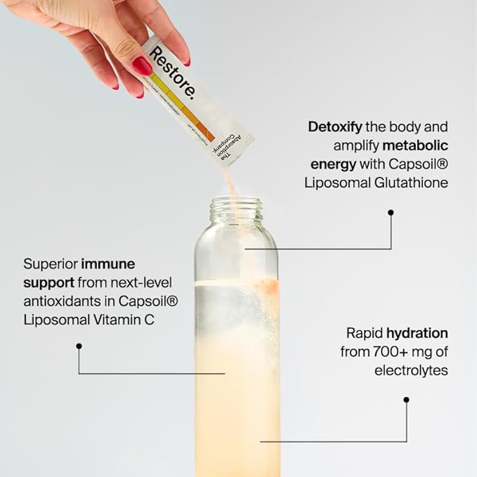 Restore - Electrolyte Powder Packets - Workout Recovery & Hydration Drink Mix with Glutathione, Vitamin C & B Vitamins - Mango Lemonade (28 Sticks)
