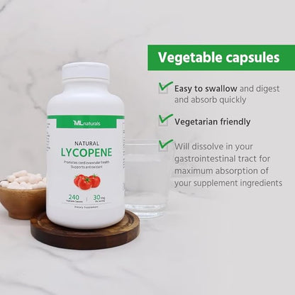 Natural Lycopene 30 mg 240 Vegetable Capsules. All-Natural from Tomatoes. Antioxidant & Immune Support, Cardiovascular Health & Prostate Health.