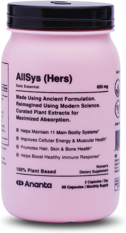 Ananta AllSys Hers Supplement for Women - Support to Maintain 11 Main Bodily Systems, Help to Promotes Hair, Skin and Bone Health, Helps Boost Immune Support (60 Vegan Capsule)