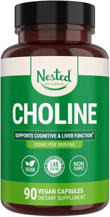 Nested Naturals Choline Bitartrate 500mg - High Potency Choline Supplements - Supports Cognitive Performance & Liver Function - 100% Vegan & Non-GMO Choline - 90 Vegan Capsules