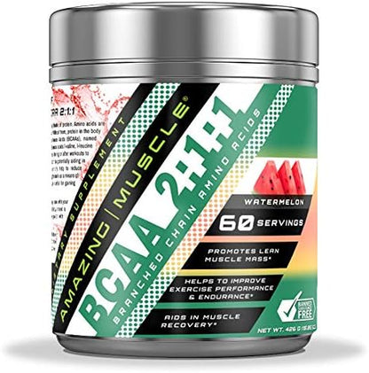 BCAA 2:1:1 Branched Chain Amino Acids Supplement | 6000 Mg Per Serving | 60 Servings | Watermelon Flavor