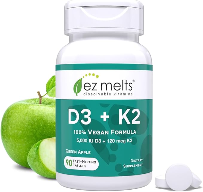 EZ Melts Dissolvable Vitamin D3 K2 5,000 IU, Bone & Joint Support, Sugar-Free, 3-Month Supply