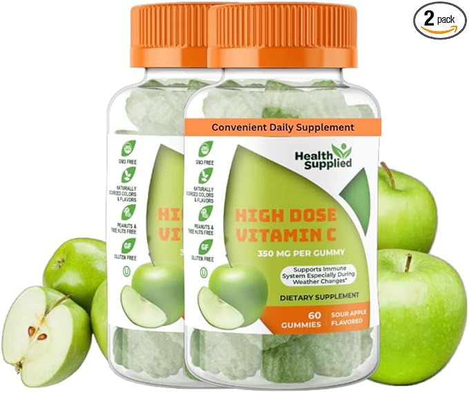Sour Apple Flavored Vitamin C Gummies Mega Dose - 1050 mg Vitamin C - Boosts Immune System and Supports Heart Health - Great Tasting and Easy to Swallow (2 Pack)