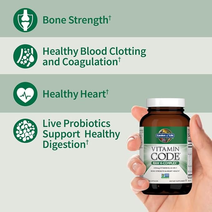 Garden of Life Vitamin K2 and K1, Vitamin Code Vegan K Complex Vitamin for Bone Strength and Heart Health, Vitamin K1 and K2, Omega Rich Flax Seed Oil, Trace Minerals, Probiotics, 60 Day Supply