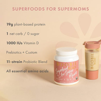 Boobie Body Superfood Protein Meal Replacement Shake, Coffee Caramel Flavor | 19g Protein | Safe For Pregnancy, Lactation, & Motherhood | Organic, Vegan, Zero Sugar, 1 Tub (21.2 oz.)
