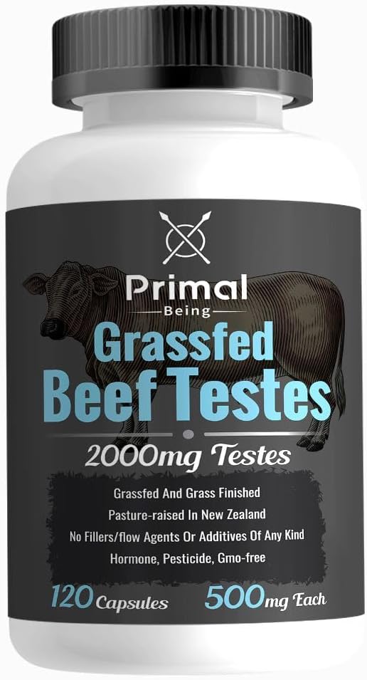 Primal Being Grassfed Beef Testes, Supports Vitality, Libido, Hormonal Health, Male Reproduction - 120 Capsules, 2000mg per Serving