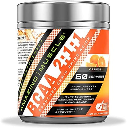 BCAA 2:1:1 Branched Chain Amino Acids Supplement | 6000 Mg Per Serving | Orange Flavor | 60 Servings