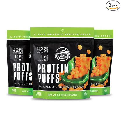 Twin Peaks Low Carb, Keto Friendly Protein Puffs, (Jalapeno Cheddar, 2.1 Ounce), 2 Servings, 3 Pack (60g, 42g Protein, 4g Carbs)