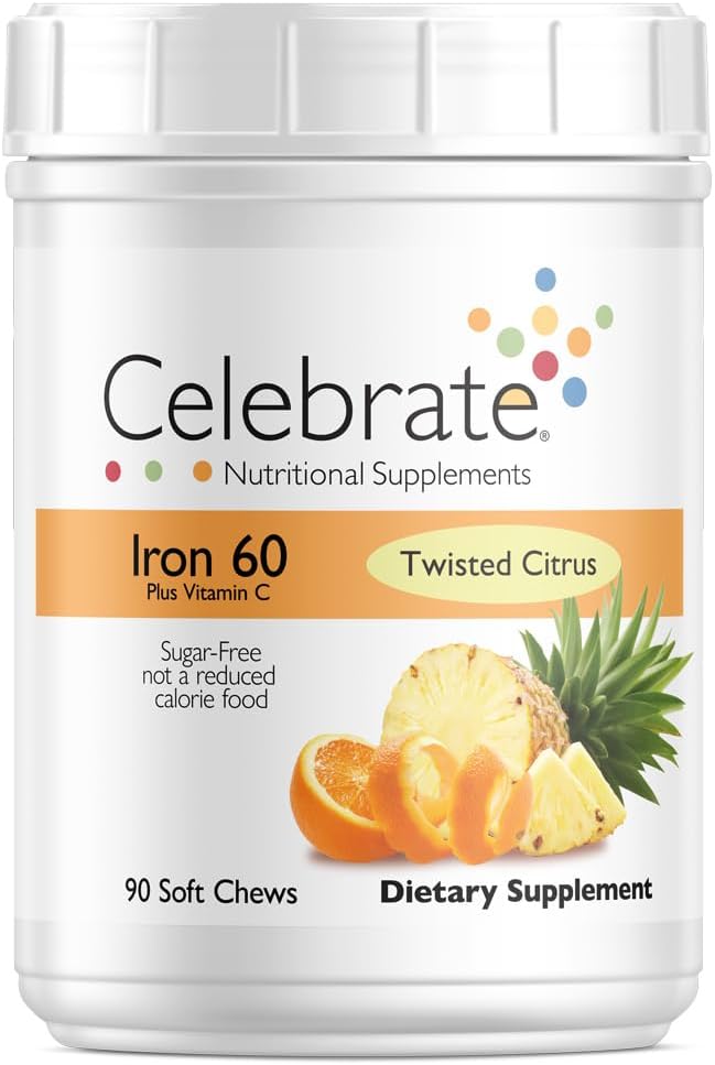 Celebrate Vitamins Iron Supplement with Vitamin C - 60mg Iron, 60mg Vitamin C, Bariatric Vitamins for WLS Patients, Vertical Sleeve & Gastric Bypass Surgery - Citrus, 90 Soft Chews