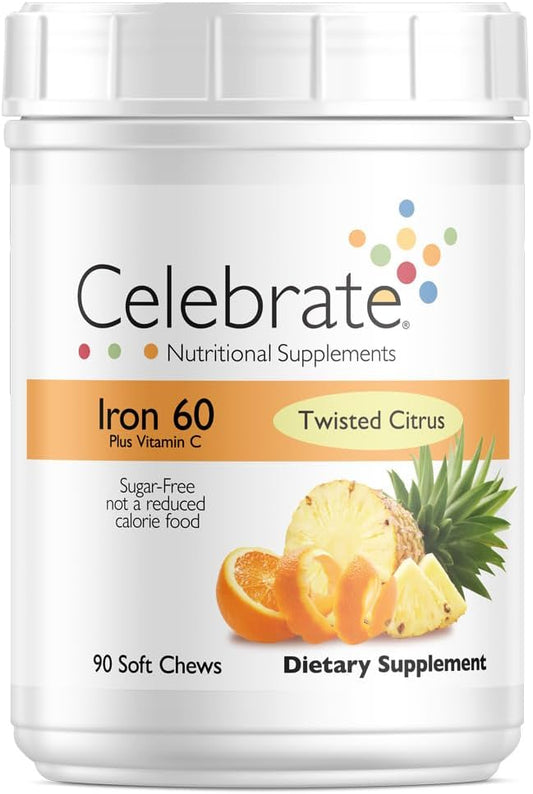 Celebrate Vitamins Iron Supplement with Vitamin C - 60mg Iron, 60mg Vitamin C, Bariatric Vitamins for WLS Patients, Vertical Sleeve & Gastric Bypass Surgery - Citrus, 90 Soft Chews