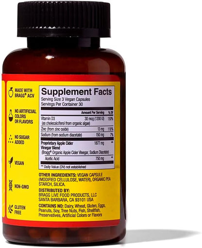Bragg Apple Cider Vinegar Capsules with Vitamin D and Zinc - (2 Pack) 90 Capsules - Supports The Immune System