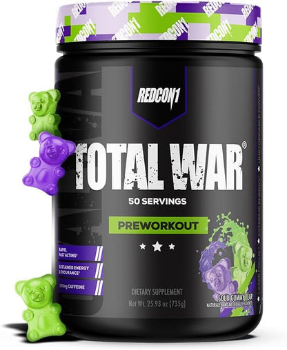 REDCON1 Total War Pre Workout Powder - Caffeinated Energy Powder with Beta Alanine for Enhanced Muscular Endurance - Fast Acting Preworkout with L Citrulline, Sour Gummy Bear (50 Servings)