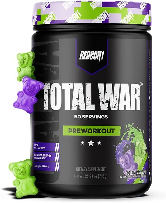 REDCON1 Total War Pre Workout Powder - Caffeinated Energy Powder with Beta Alanine for Enhanced Muscular Endurance - Fast Acting Preworkout with L Citrulline, Sour Gummy Bear (50 Servings)
