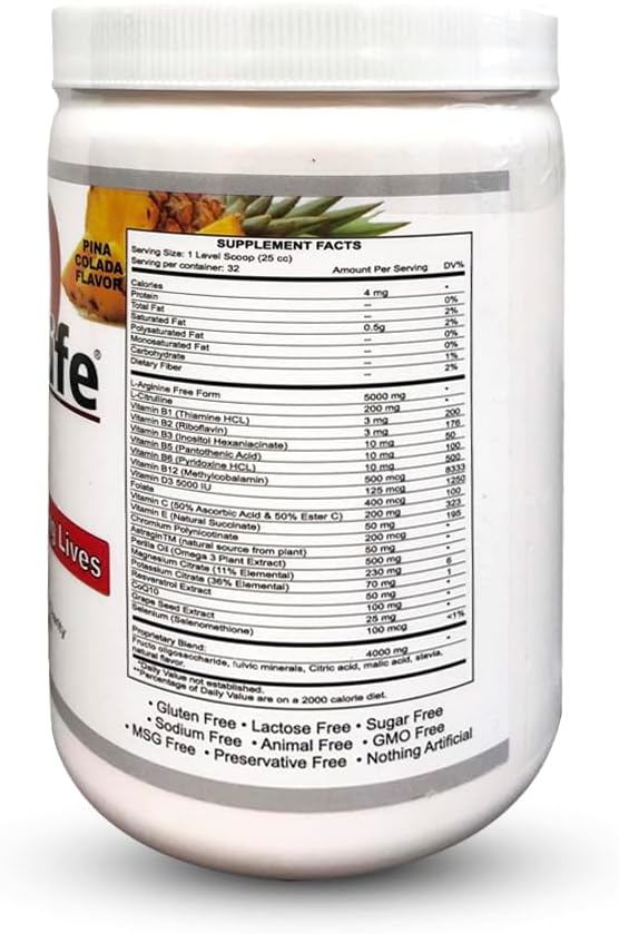Cardio for Life L-Arginine Powder 16oz - Pina Colada - Natural Nitric Oxide Supplement for Cardiovascular Health - Increase Energy