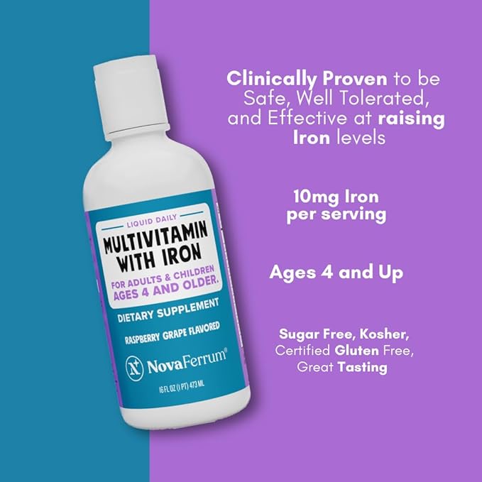 NovaFerrum Yum 16 Fl Oz | Multivitamin with Iron for Women, Men & Kids | Gluten Free Certified | Sugar Free | Ages 4 & Up | Raspberry Grape