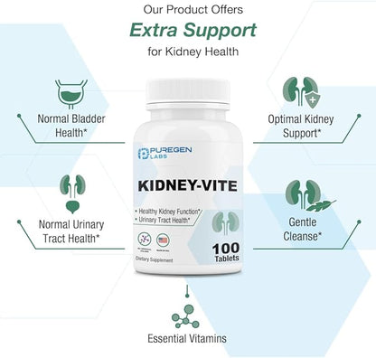 Puregen Labs Kidney-Vite | Premier Kidney, Renal Support | Non-GMO, Gluten-Free, No Artificial Color Additives - 100 Vegetarian Tablets