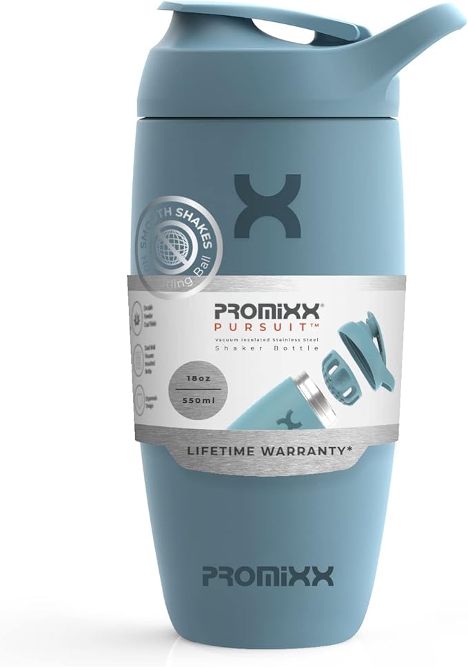 Promixx Pursuit Shaker Bottle Insulated Stainless Steel Water Bottle and Blender Cup, 18oz, Ocean Calm Blue