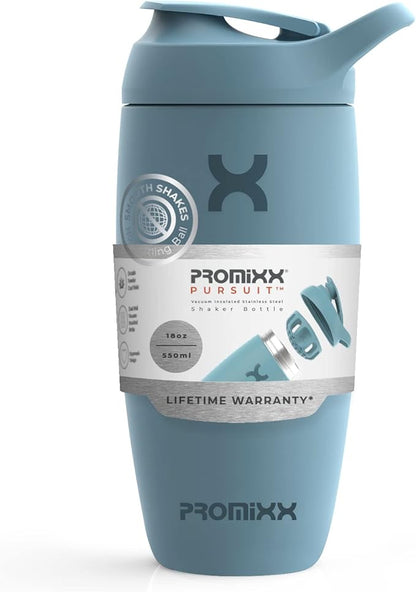 Promixx Pursuit Shaker Bottle Insulated Stainless Steel Water Bottle and Blender Cup, 18oz, Ocean Calm Blue