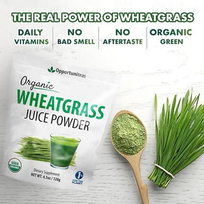 Opportuniteas Organic Raw Wheatgrass Juice Powder - Grown & Dried in USA - Premium Green Superfood Supplement - Vegan & Non-GMO - 4.5 oz
