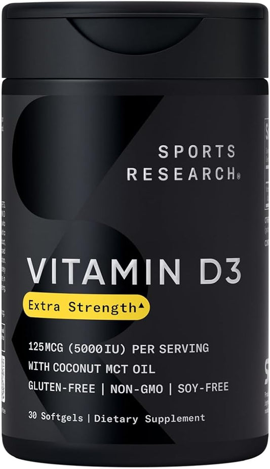 Sports Research Vitamin D3 5000 IU with Coconut MCT Oil - High Potency Vitamin D Supplement for Immune & Bone Support - Non-GMO Verified, Gluten & Soy Free – 125mcg, 30 Liquid Softgels