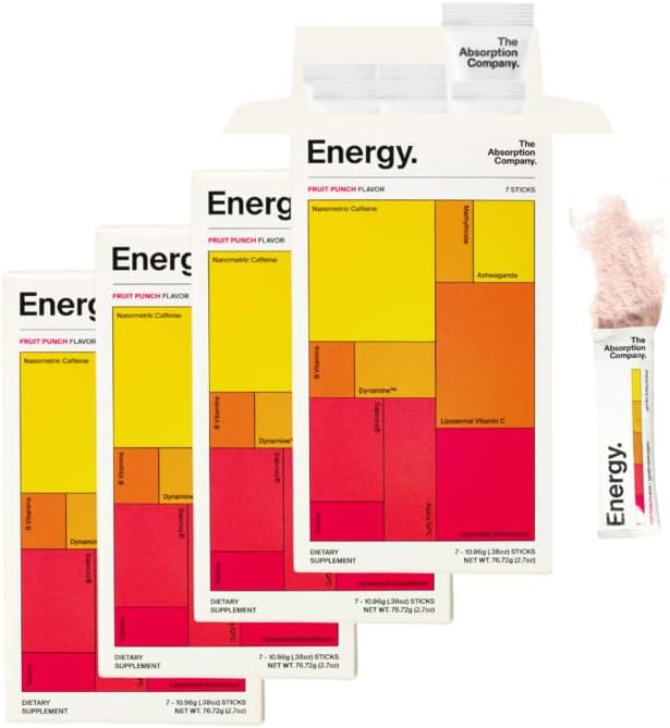 Energy Drink Powder Mix Packets - Clean Energy Booster for Fatigue with 150mg Natural Caffeine Powder and Liposomal Immune Support - Fruit Punch Flavor 28 Sticks