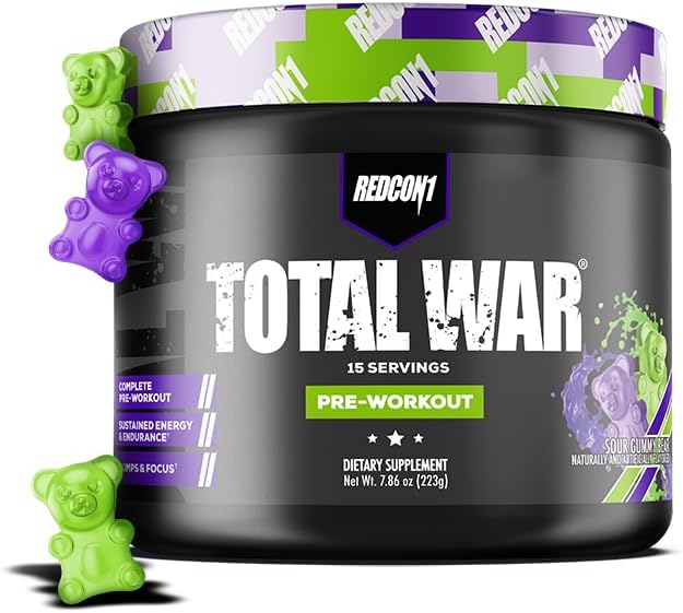 REDCON1 Total War Preworkout, Sour Gummy Bear - Pump, Endurance & Energy Boosting Workout Supplement - Caffeinated Pre Workout Powder with Taurine, Green Tea + Di Caffeine Malate (15 Servings)