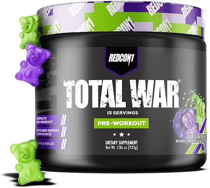 REDCON1 Total War Preworkout, Sour Gummy Bear - Pump, Endurance & Energy Boosting Workout Supplement - Caffeinated Pre Workout Powder with Taurine, Green Tea + Di Caffeine Malate (15 Servings)