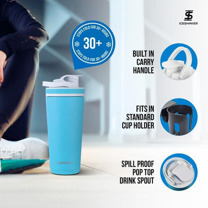 Ice Shaker Insulated Stainless Steel Shaker Bottle | 26oz, Caribbean | Cold for 30+ Hours | Insulated Cup with Twist-on Agitator | Odor-Free Shaker Cup for Protein Shakes, Water, Smoothies, Cocktails
