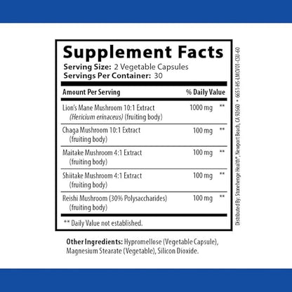 Stonehenge Health Dynamic Mushrooms - 100% Fruiting Bodies & Extracts - Lion’s Mane, Chaga, Maitake, Shiitake, Reishi - Nootropic Brain & Immune System Support - No Mycelium - 60 Veggie Capsules