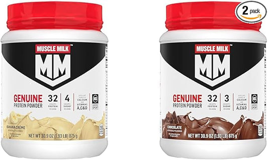 Muscle Milk Genuine Protein Powder Bundle, Banana Crème 1.93 Pounds 12 Servings 32g Protein and Chocolate 1.93 Pounds 12 Servings 32g Protein