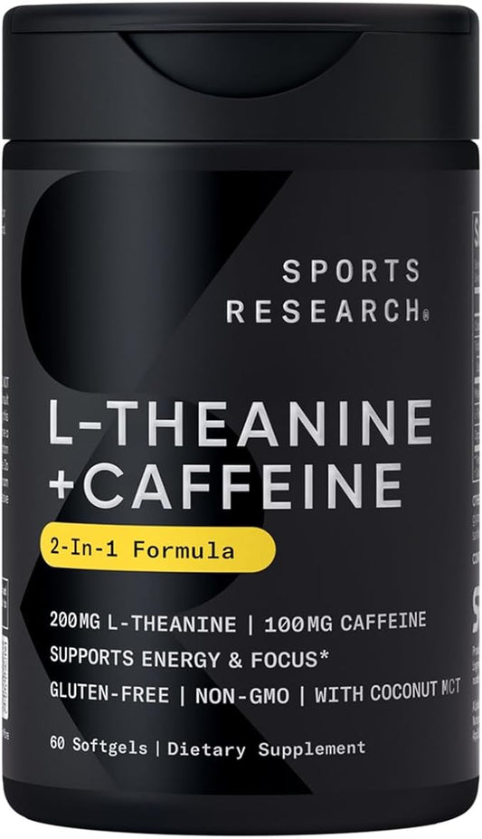 Sports Research L-Theanine Supplement with Caffeine & Coconut MCT Oil - Focused Energy, Alertness & Relaxation Without Drowsiness - 200mg L Theanine, 100mg Organic Caffeine - 60 Liquid Softgels