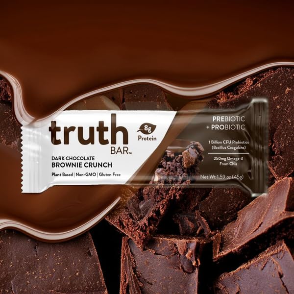 Truth Bar Prebiotic & Probiotic Keto Snack Vegan Bars with Omega-3's - Synbiotic High Fiber Snacks - Low Sugar, Kosher, Gluten Free - Dark Chocolate Brownie Crunch (Pack of 12)