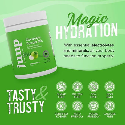 JUNP Electrolytes Powder No Sugar No Carbs – Mouthwatering Green Apple Drink Mix - Potassium & Salt Electrolyte Hydration Powder Zero Calorie Sugar Free Electrolyte Powder, Keto Friendly, 180 Servings