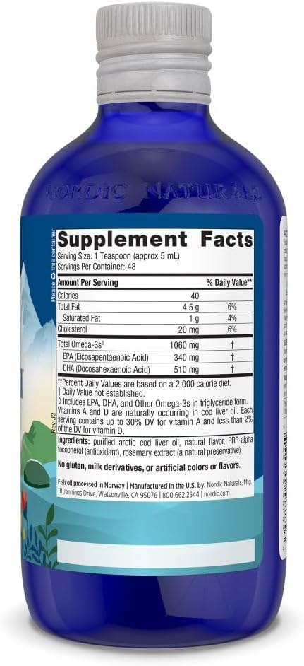 Nordic Naturals Arctic Cod Liver Oil, Lemon - 8 oz - 1060 mg Total Omega-3s with EPA & DHA - Heart & Brain Health, Healthy Immunity, Overall Wellness - Non-GMO - 48 Servings