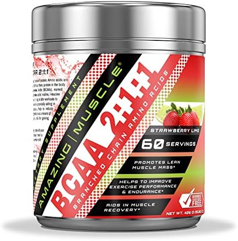 BCAA 2:1:1 Branched Chain Amino Acids Supplement | 6000 Mg Per Serving | Strawberry Lime Flavor | 60 Servings Per Bottle