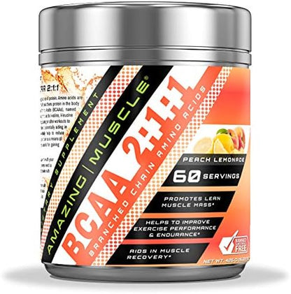 BCAA 2:1:1 Branched Chain Amino Acids Supplement | 6000 Mg Per Serving | -Peach Lemonade Flavor | 60 Servings