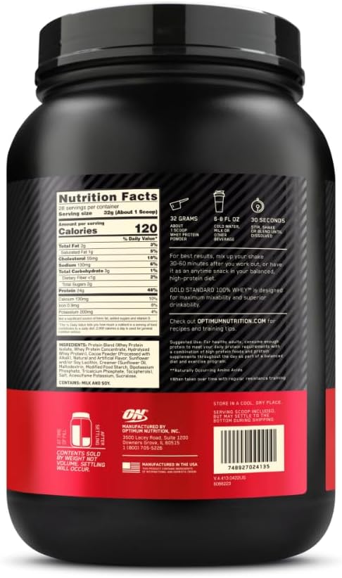 Optimum Nutrition Gold Standard 100% Whey Protein Powder, Extreme Milk Chocolate, 2 Pound (Pack of 1) (Packaging May Vary)