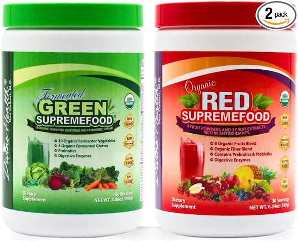 Divine Health Dr. Colbert, MD Superfood Package | 30 Servings of Green Supremefood & Red Supremefood 14 Organic and Fermented Green Vegetables and Grasses | 8 Organic Fruits