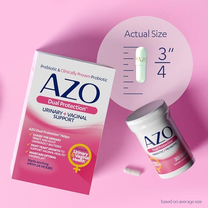 AZO Dual Protection, Urinary + Vaginal Support, Prebiotics and Probiotics for Women*, Starts Working Within 24 Hours, Non-GMO, 30 Count
