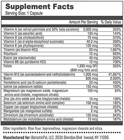 BariatricPal Multivitamin ONE 1 per Day! Bariatric Multivitamin Capsule - Iron Free (90 Count)
