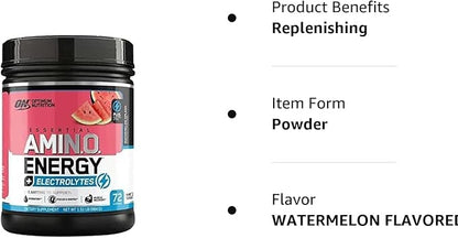 Optimum Nutrition Essential AMIN.O Energy & Electrolytes - Energy, Focus & Post-Workout Muscle Recovery - Watermelon Pre-Workout Electrolyte Powder Drink - Watermelon Splash, 1.51 lb (72 Servings)