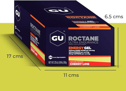 GU Energy Roctane Ultra Endurance Energy Gel, Vegan, Gluten-Free, Kosher, and Dairy-Free On-The-Go Sports Nutrition for Running, Biking, Hiking or Skiing, 24-Count, Cherry Lime