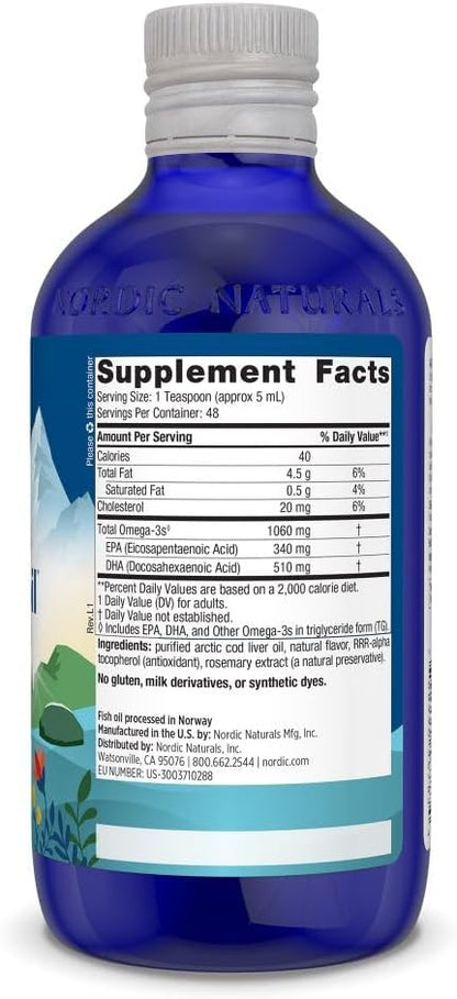 Nordic Naturals Arctic Cod Liver Oil, Strawberry - 8 oz - 1060 mg Total Omega-3s with EPA & DHA - Heart & Brain Health, Healthy Immunity, Overall Wellness - Non-GMO - 48 Servings