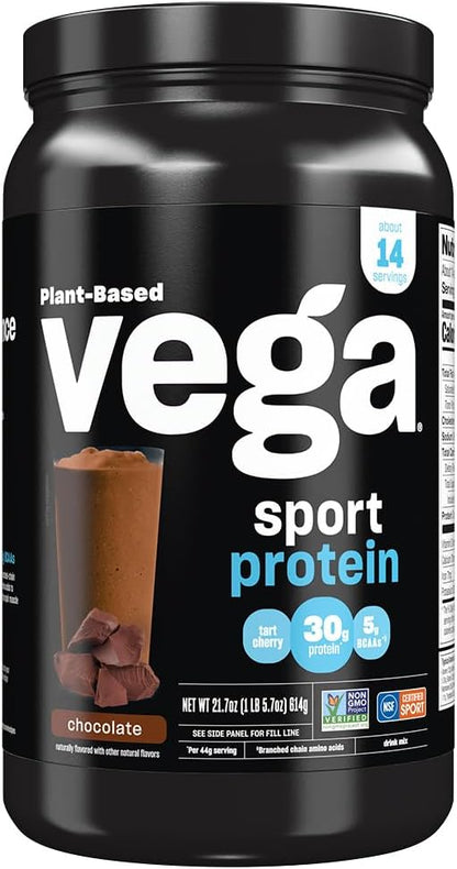 Vega Sport Protein Powder Chocolate (14 servings, 21.7 oz) - Plant-Based Vegan Protein Powder, BCAAs, Amino Acid, tart cherry, Non Dairy, Gluten Free, Non GMO (Packaging May Vary)