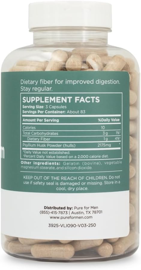 Pure for Men Daily Psyllium Husk Fiber Supplement Pure for Her | Digestive Regularity & Gut Health Support | Soluble Fiber Powder, 2,175mg Per Serving | 250 Capsules