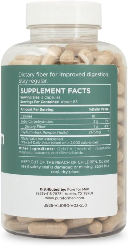 Pure for Men Daily Psyllium Husk Fiber Supplement Pure for Her | Digestive Regularity & Gut Health Support | Soluble Fiber Powder, 2,175mg Per Serving | 250 Capsules