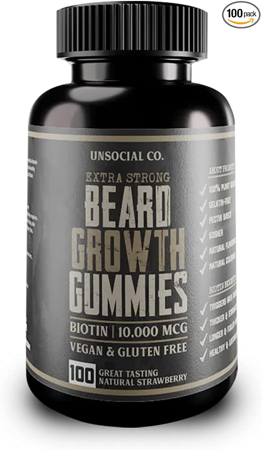 Extra Strong Beard Growth Vitamins Gummies | Biotin 10000 MCG | Promotes Facial Hair Growth for Men | Biotin Beard Grow Gummies | Strong & Thick Beard Growth Gummies for Men | Strawberry